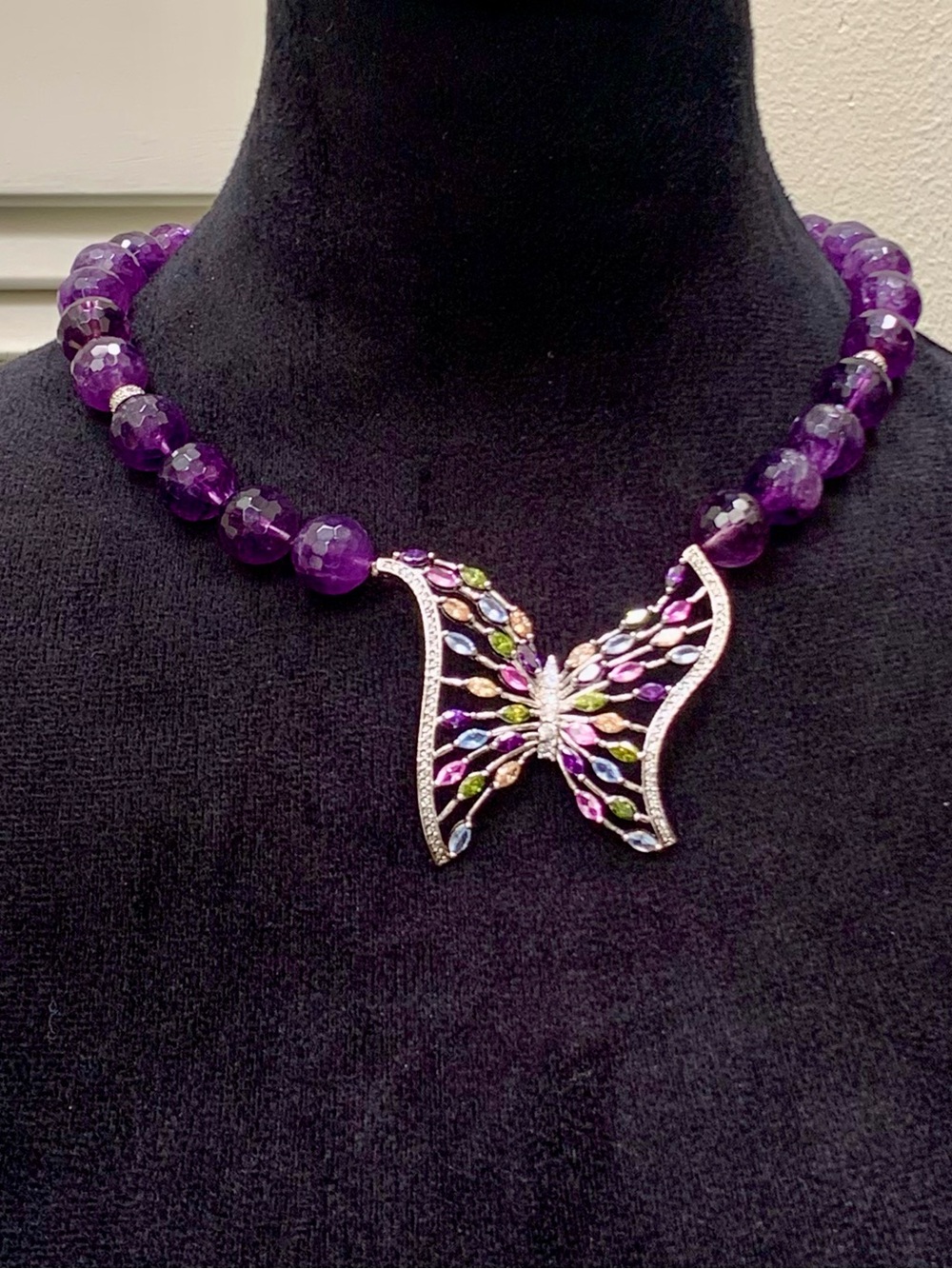 Silver Butterfly Pendant Necklace with Purple Amethyst